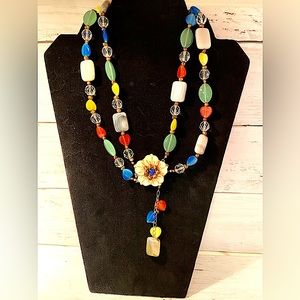 New  Colorful Glass Double Strand Beaded Necklace with Flower Clasp
